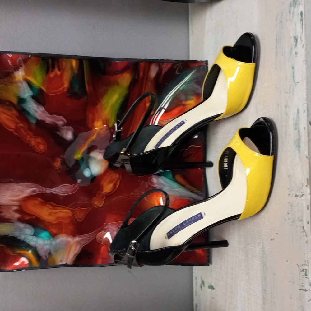 RALPH LAUREN COLLECTION Purple Label Black and Yellow Heels - Picture 1 of 12